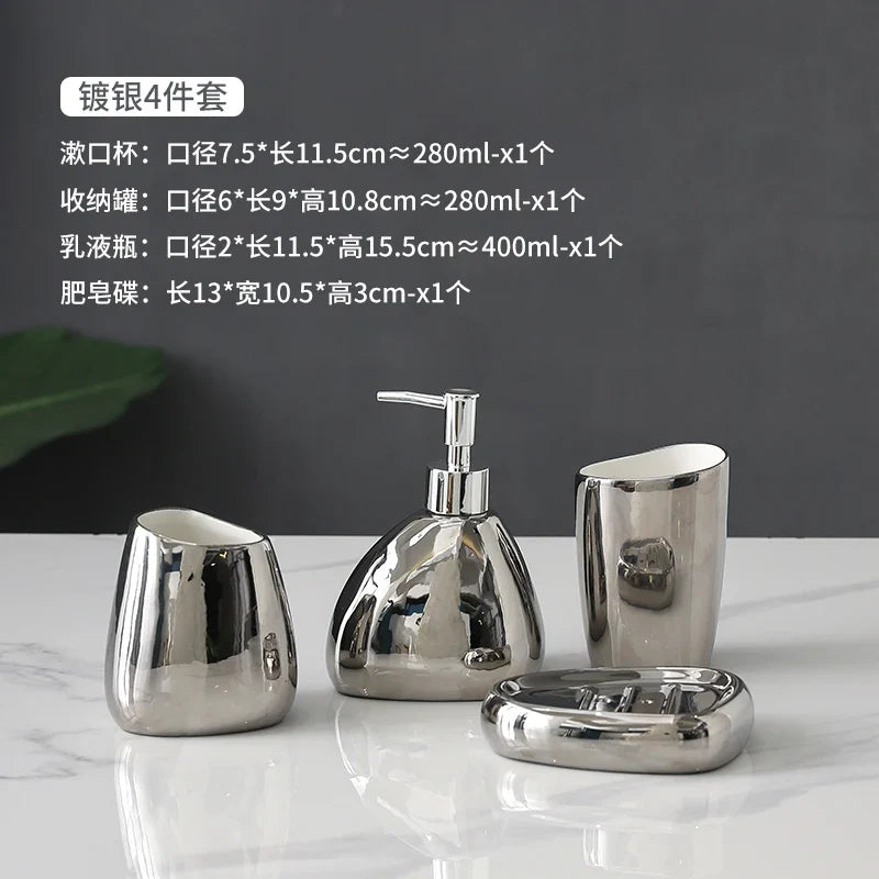 Ceramic bathroom accessories for interior decoration - Set of 4 Silver Pieces