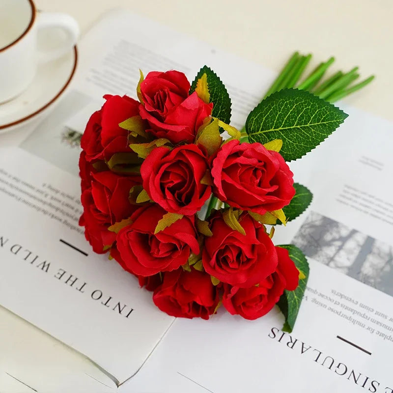 Bouquet of artificial silk rose wines floral decoration for table - Red