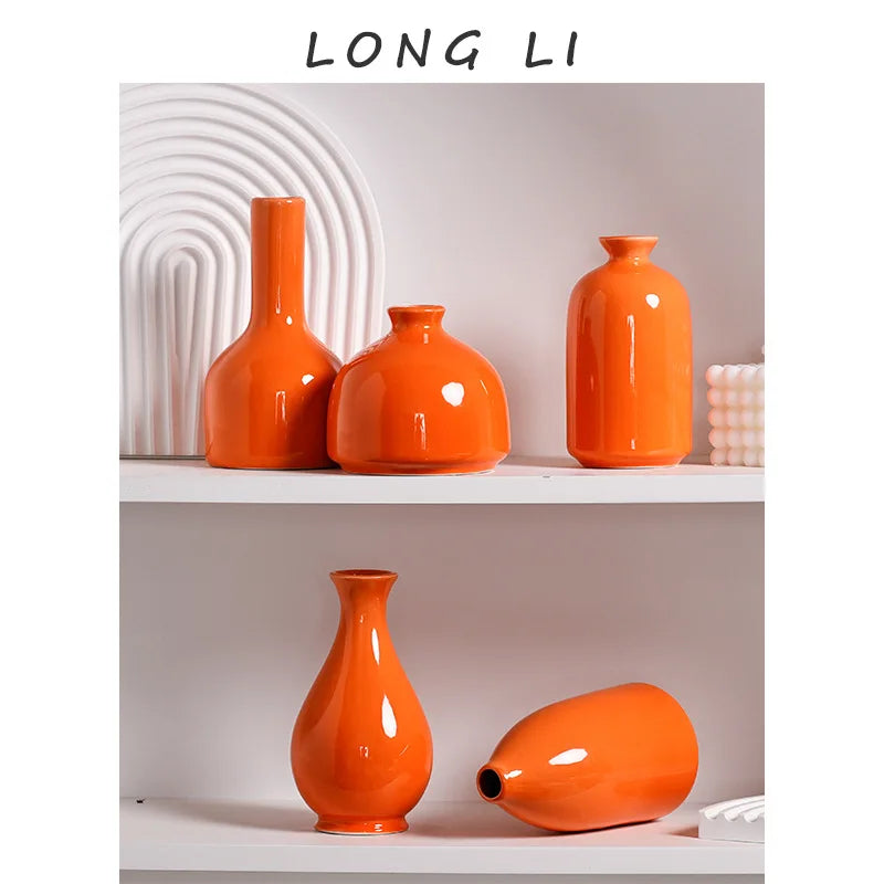 Modern Ceramic Vase with Minimalist Design, Dried Flower Vase, New Chinese Style Ceramic Vase, Luxury Home decor Orange Ceramic