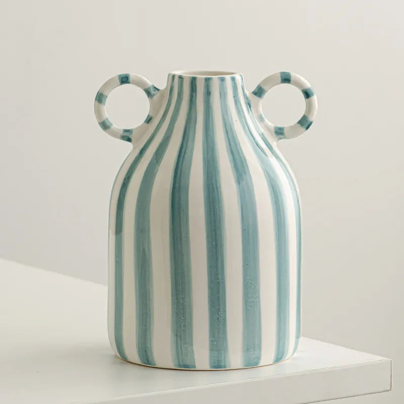 Double Ear Ceramic Vase, Abstract Black and White Striped Hydroponic Vase, Living Room Decoration, Room Aesthetic Decoration - A