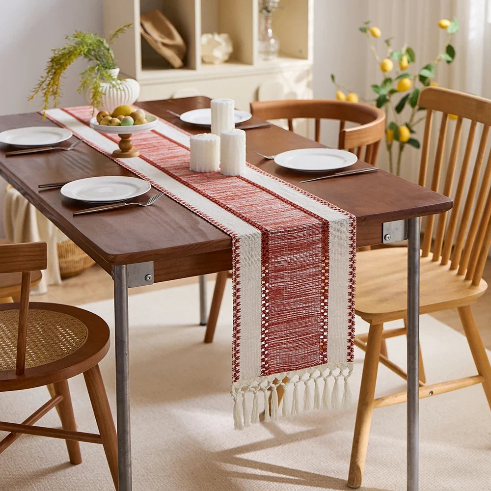 Bohemian Red and Beige Striped Table Runner with Pom-Poms, Style Two - view 4