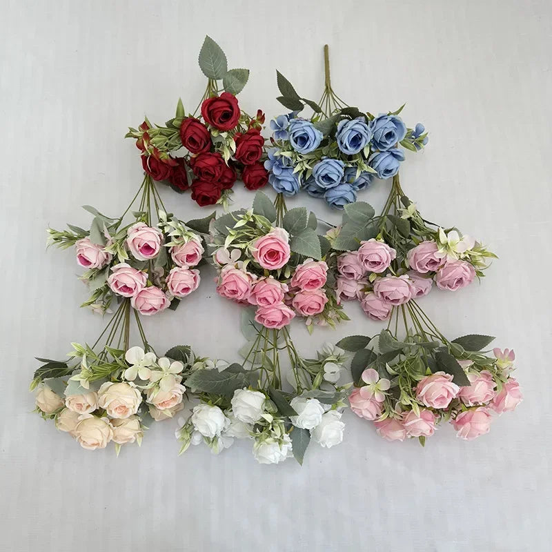 9-Head Artificial Silk Rose Bouquet, Purple Pink Heart and White - view 5