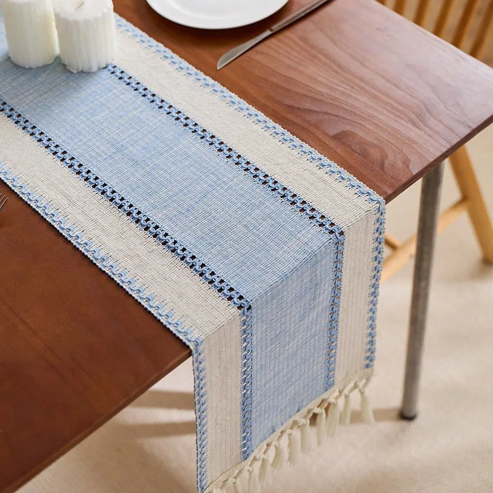 Green striped table runner bohemian hand woven pom-poms - 30x50cm placemat