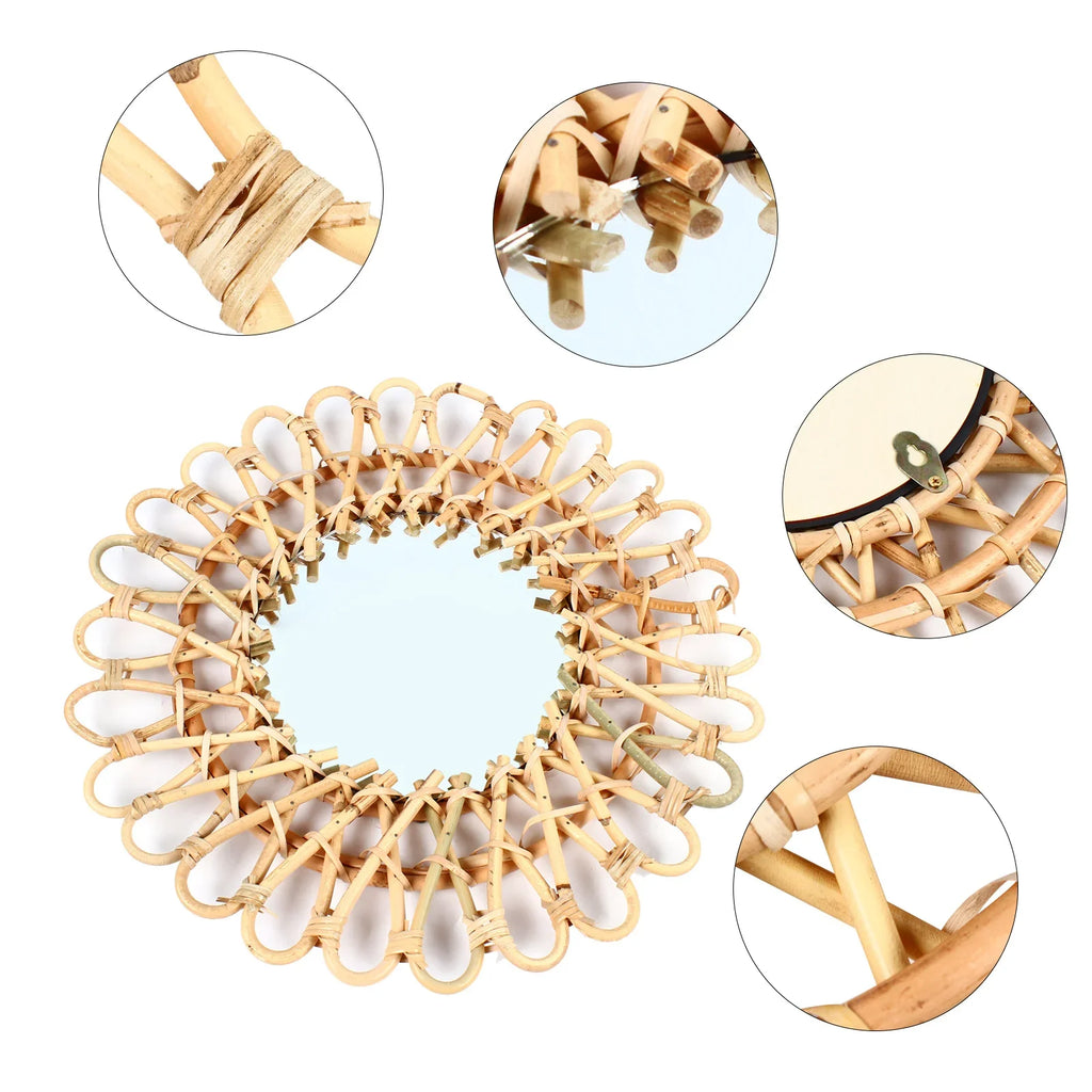Wall Mirror, Round Wicker Rattan Decorative Mirror, Rustic Natural Rattan Wall decor with Mounted Frame for Bathroom Hallway - view 6