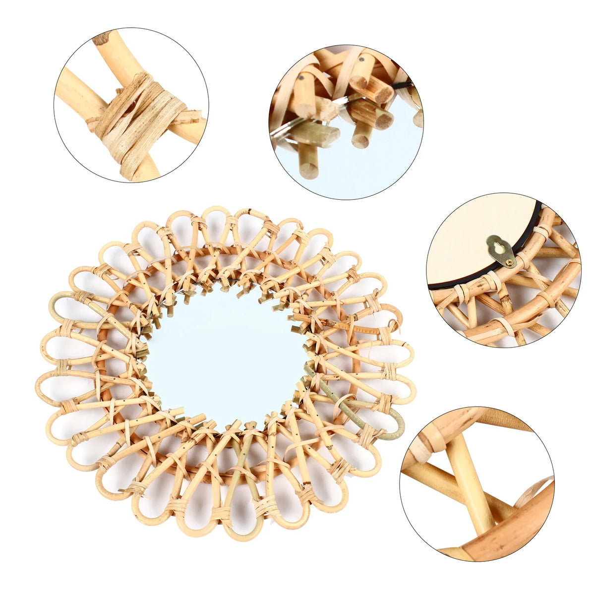 Wall Mirror, Round Wicker Rattan Decorative Mirror, Rustic Natural Rattan Wall decor with Mounted Frame for Bathroom Hallway - view 6