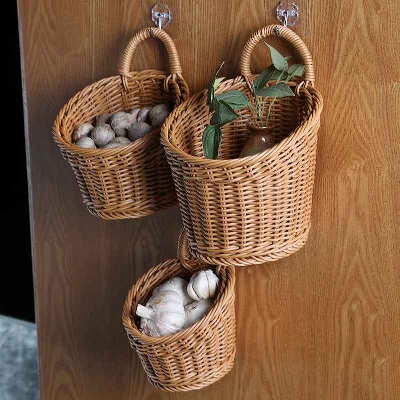 Woven storage basket for portable wall hanging