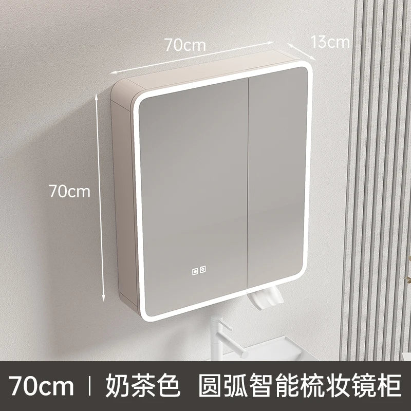 Circular aluminum cabinet with intelligent lighting mirror and storage - 70cm