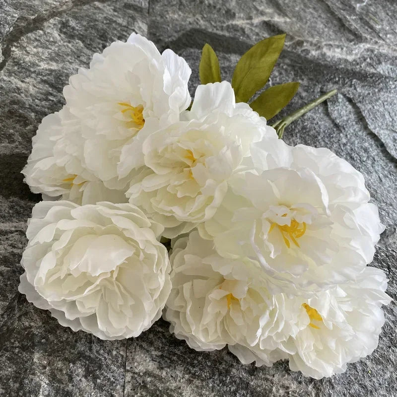 Bouquet of seven silk peonies for interior decoration and wedding - Milky White