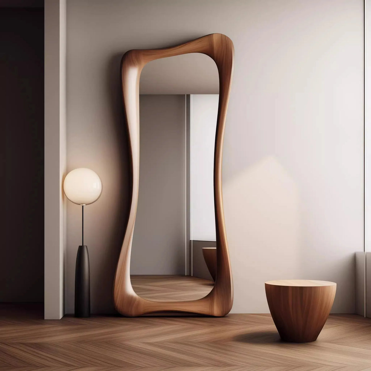 Decorative mirror of artistic luxury in light walnut wood - view 3
