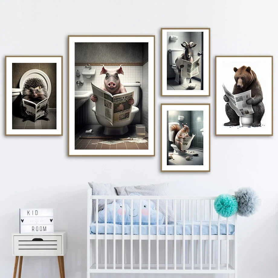Playful Animals on the Toilet with Newspaper Bathroom Wall Decor - view 3