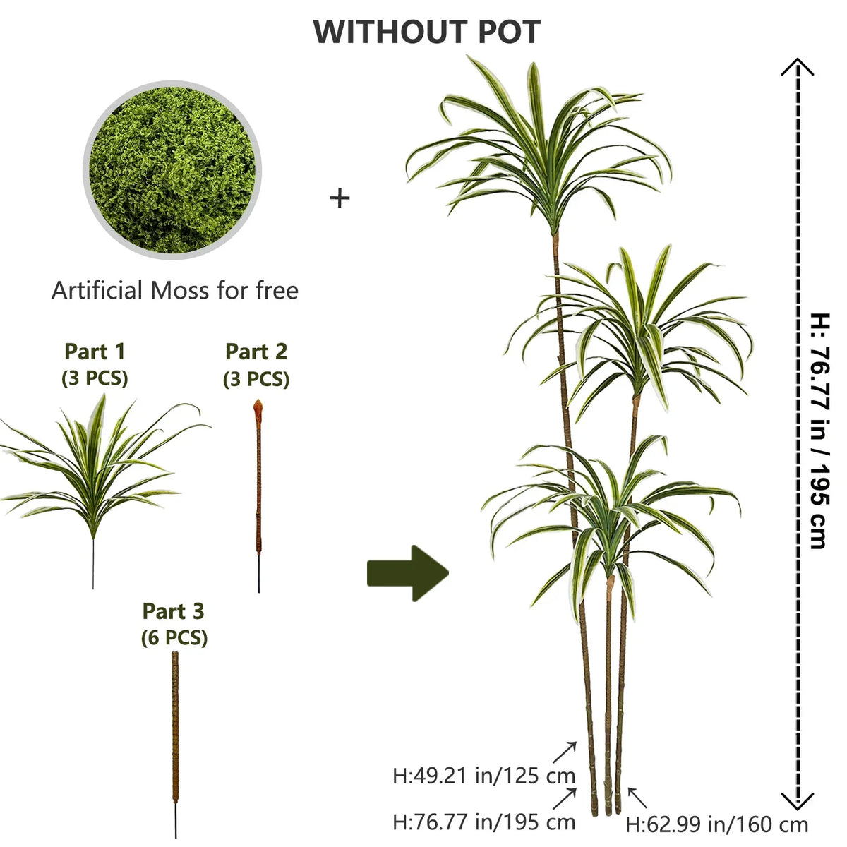 3 artificial plants dracaena for a realistic decoration - ZB-685-Z195