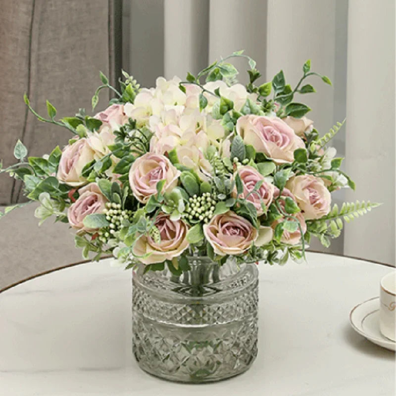 Bouquet of artificial pink flowers and decorative hortensias for Saint-valentin