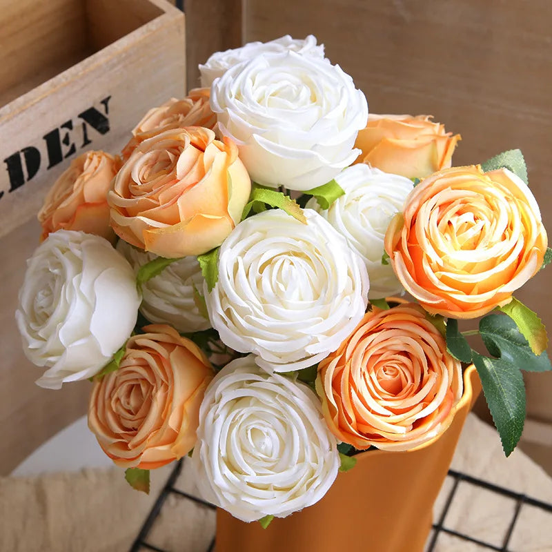 Artificial Silk Rose Bouquet in Yellow Caramel, Orange and Pink