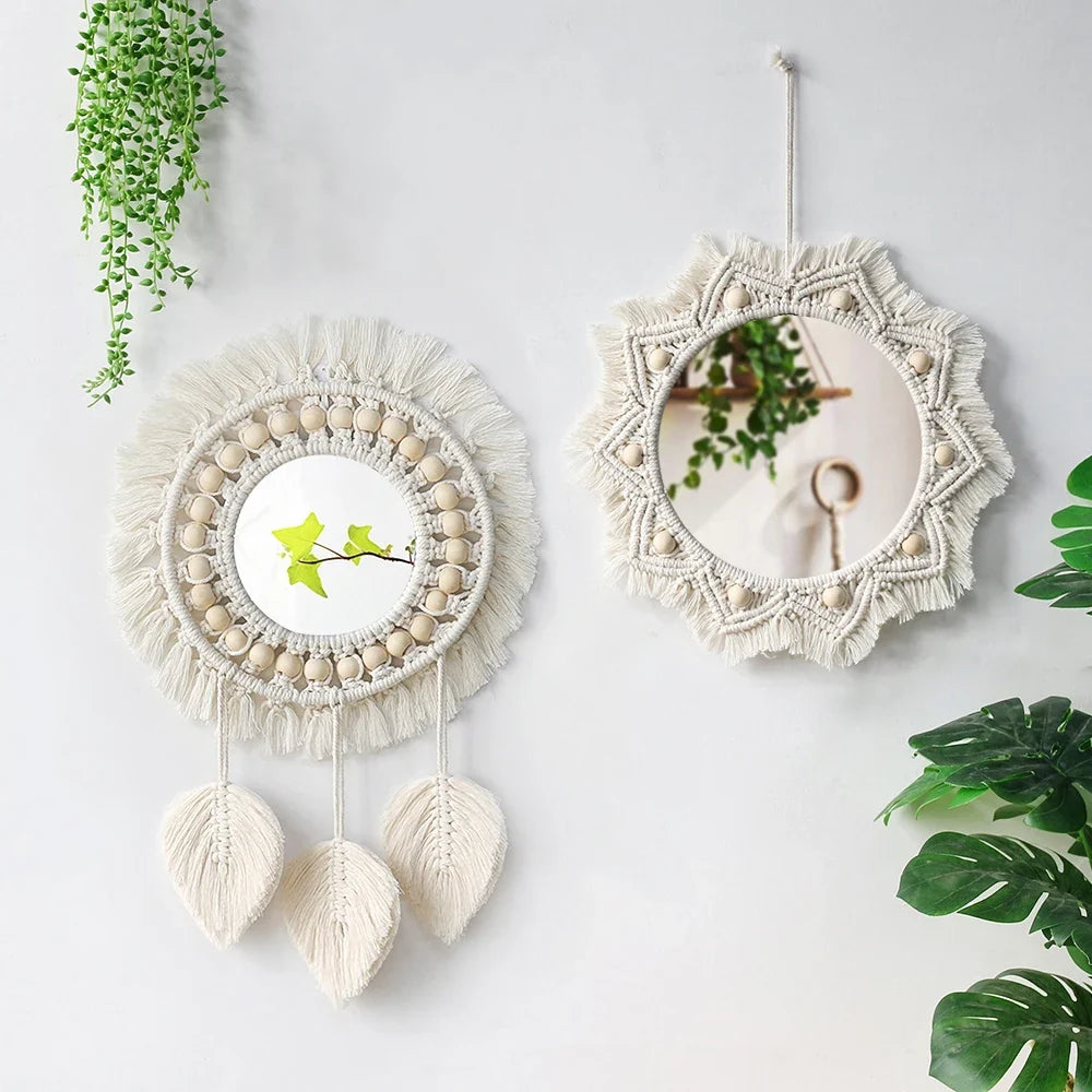 Bohemian Macrame Wall Mirror, Handwoven Cotton Rope