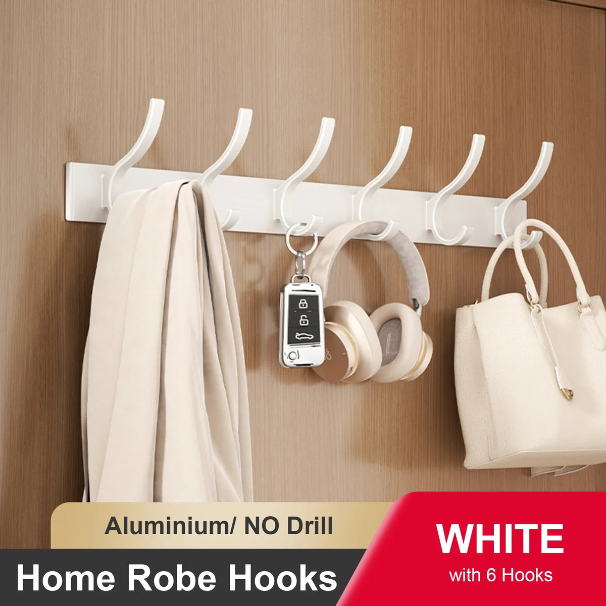 Wall adhesive hook for clothes and towels without drilling - White 6 Hooks