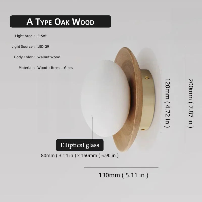 Vintage Wabi-sabi Style, Walnut wood Brass lighting wall design, Modern Wall light for Bedroom, living room, study porch, corrid - Oak Wood-B / 3000K  Warm Light