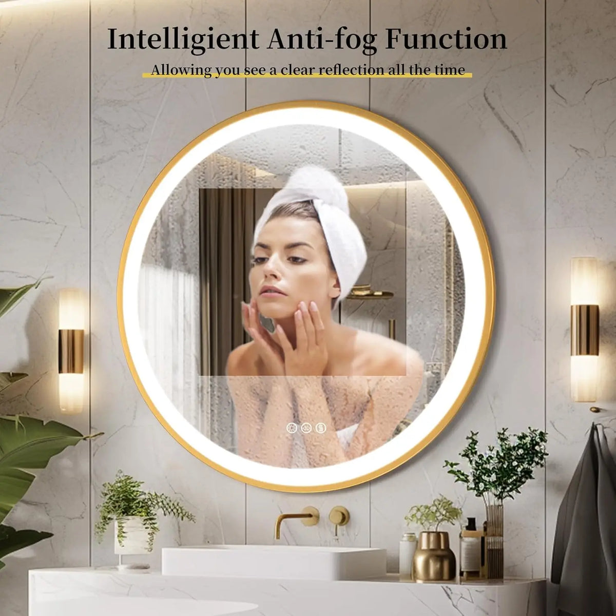 Round illuminated mirror with golden frame and memory function - view 4