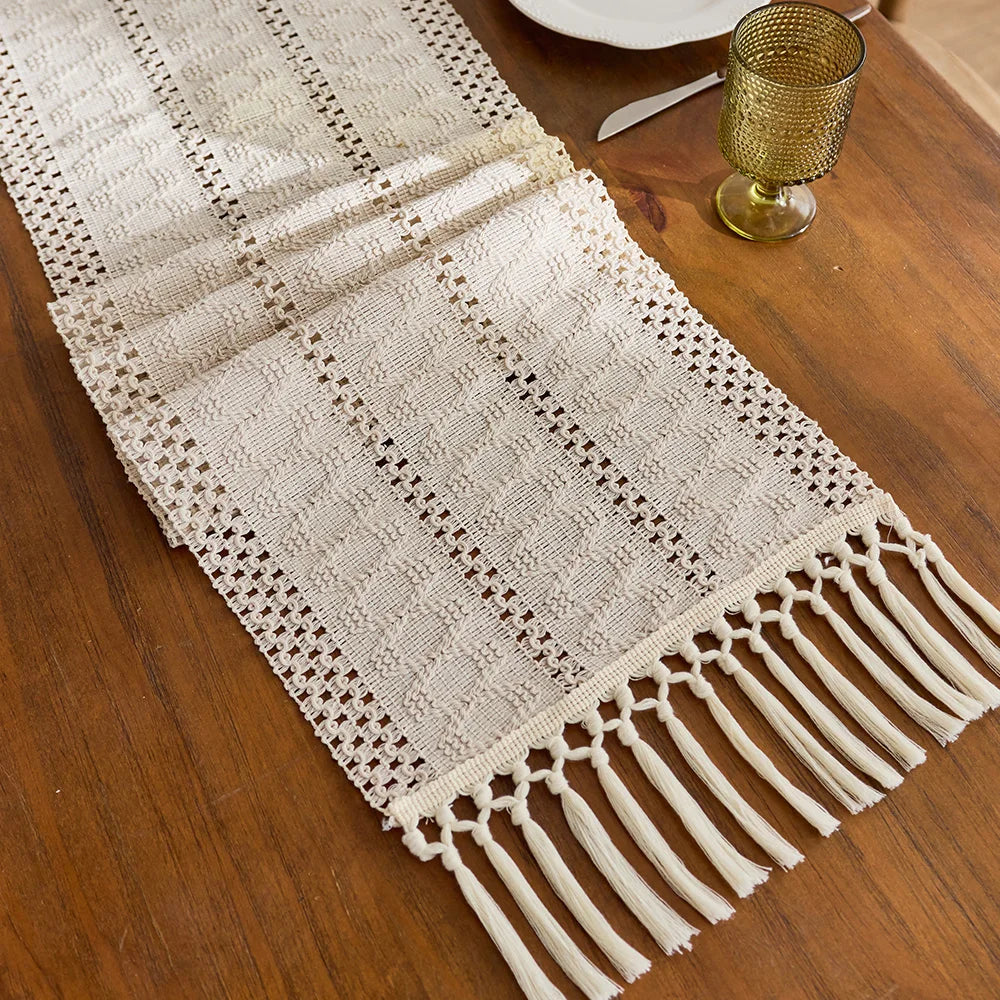 Nordic Bohemian Woven Table Runner with Pom-Poms - view 2