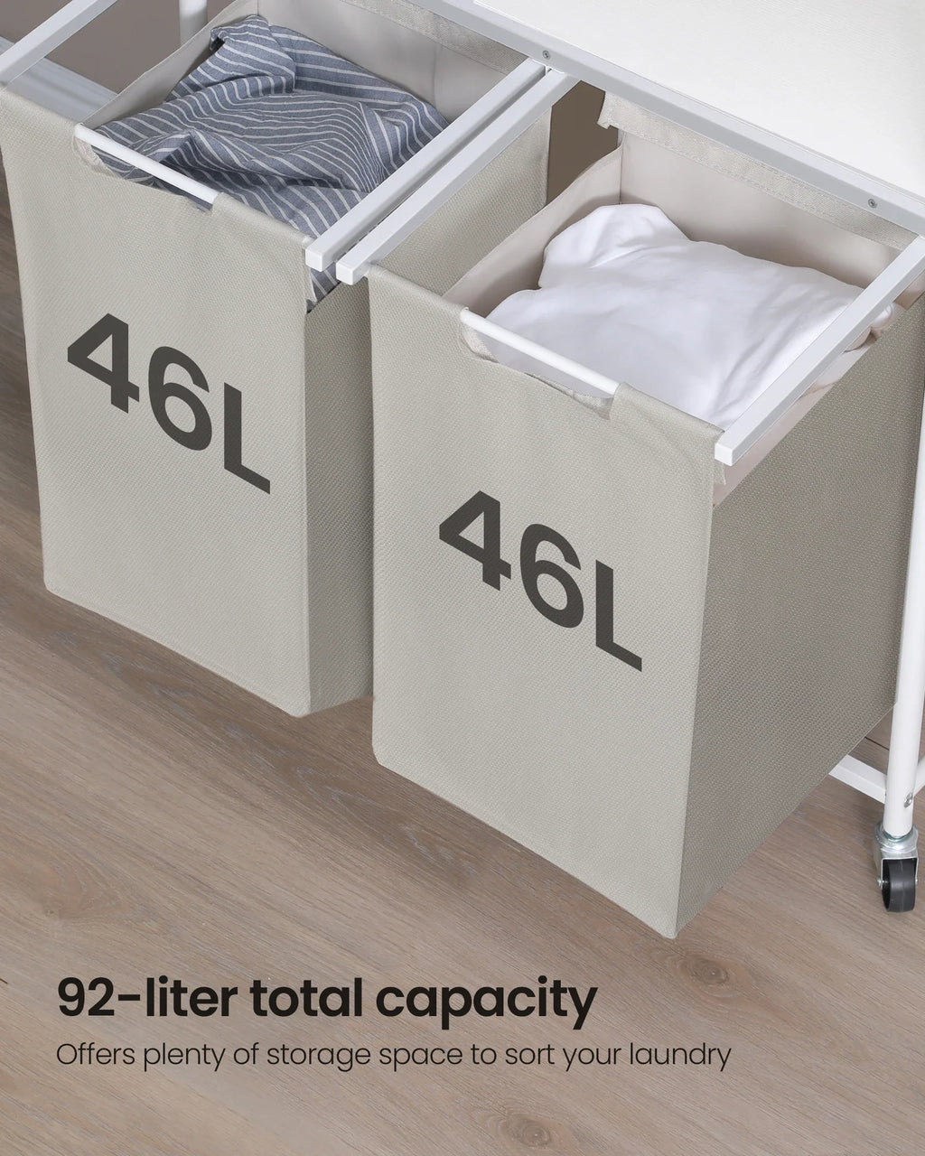 Laundry Basket, 2 Compartments, 2 x 46L, Laundry Hamper with 1 Shelf, Laundry Sorter, Laundry Bag, Extendable and Removable, Per - view 2