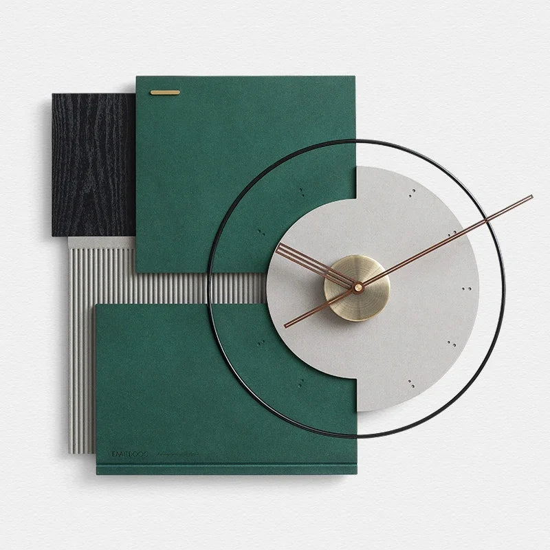 Large silent wall clock in walnut modern decoration - Grey and Green