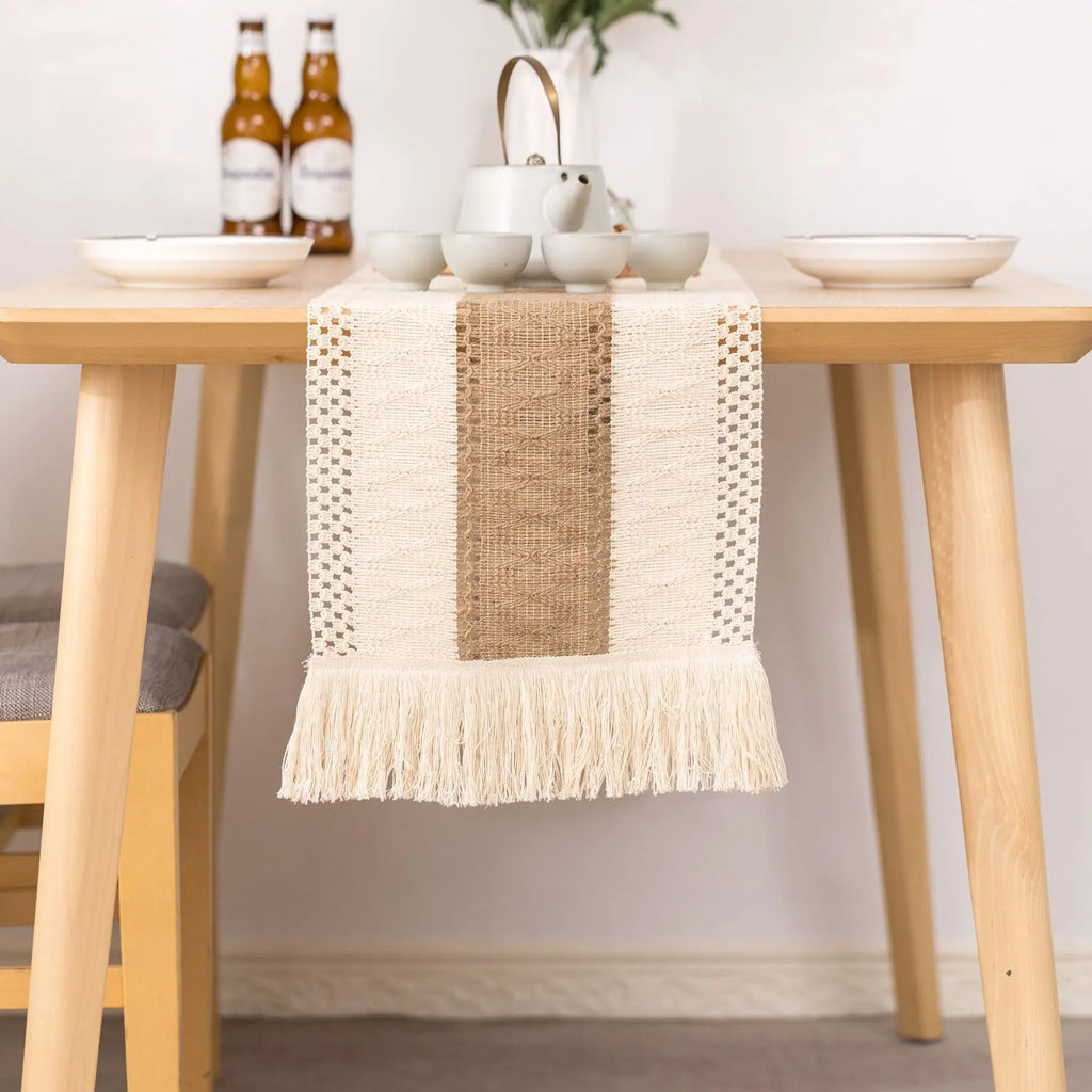 Bohemian table runner cream geometric patterns pom-poms - 30X50cm