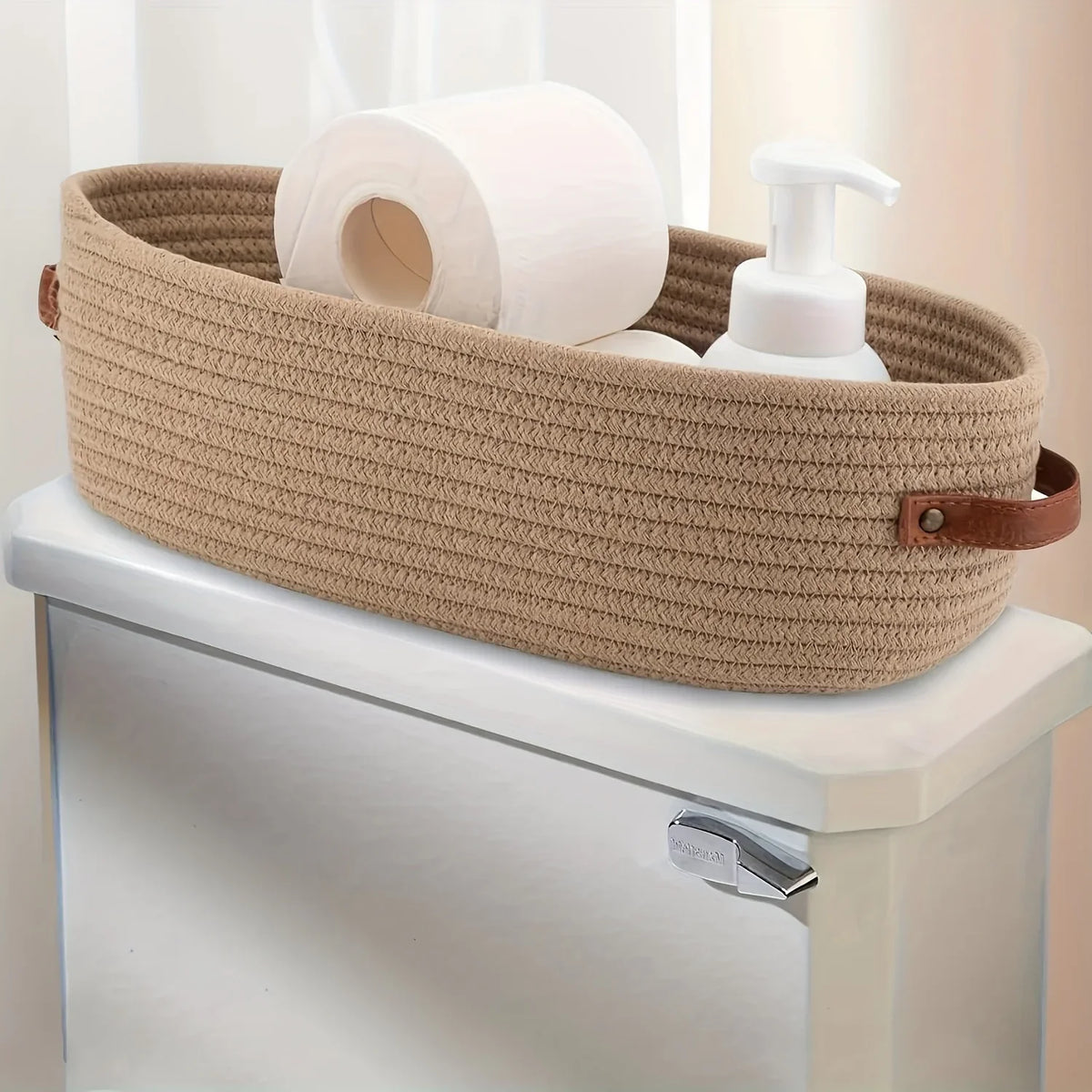 Oval Woven Bathroom Storage Basket, Multifunctional Desktop Organizer, Toilet Paper Holder, Toy Storage Basket - Khaki