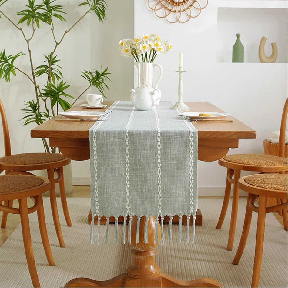Embroidered Bohemian Table Runner with Woven Pom-Poms - 35x120cm