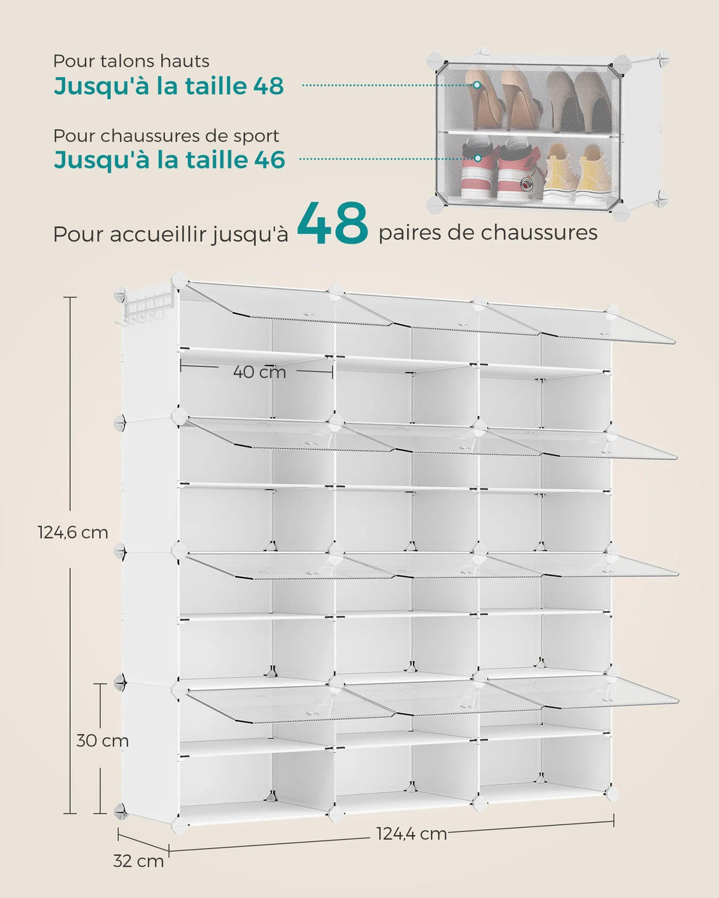 SONGMICS Shoe shelf 12 compartments, Storage shelf Modular, 30 x 40 x 30 cm compartment, White - view 5