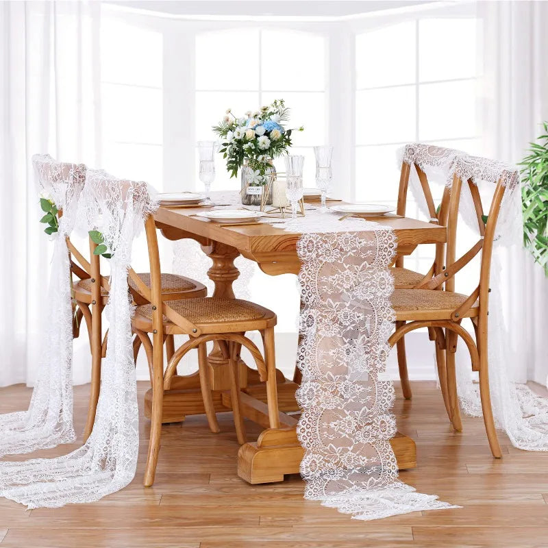 White Floral Lace Boho Table Runner, 36 x 300 cm, Design 1 - view 4