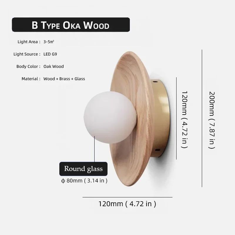Vintage Wabi-sabi Style, Walnut wood Brass lighting wall design, Modern Wall light for Bedroom, living room, study porch, corrid - Oak Wood-D / 3000K  Warm Light