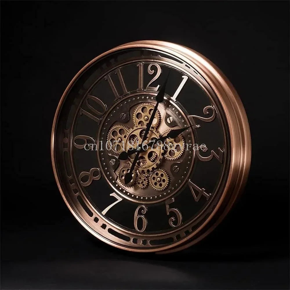 Industrial metal wall clock with decorative movable gears - view 2