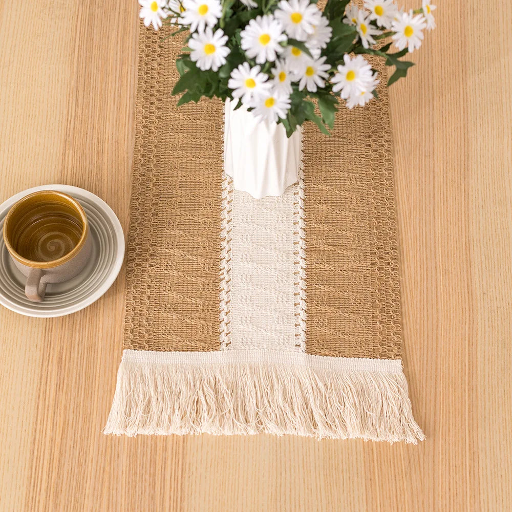 Natural-Toned Beige Bohemian Table Runner with Pom-Poms - 30X50cm