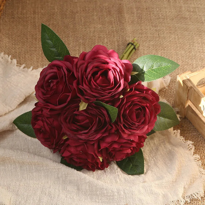 Bouquet of artificial rose wines interior and exterior decoration false flowers - Dark Red