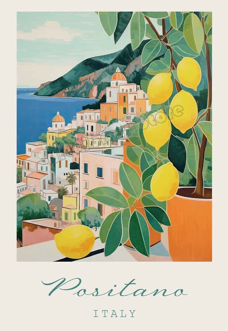 Vintage Italian Mediterranean Cafe Landscape Poster - 20X30cm Unframed / 15