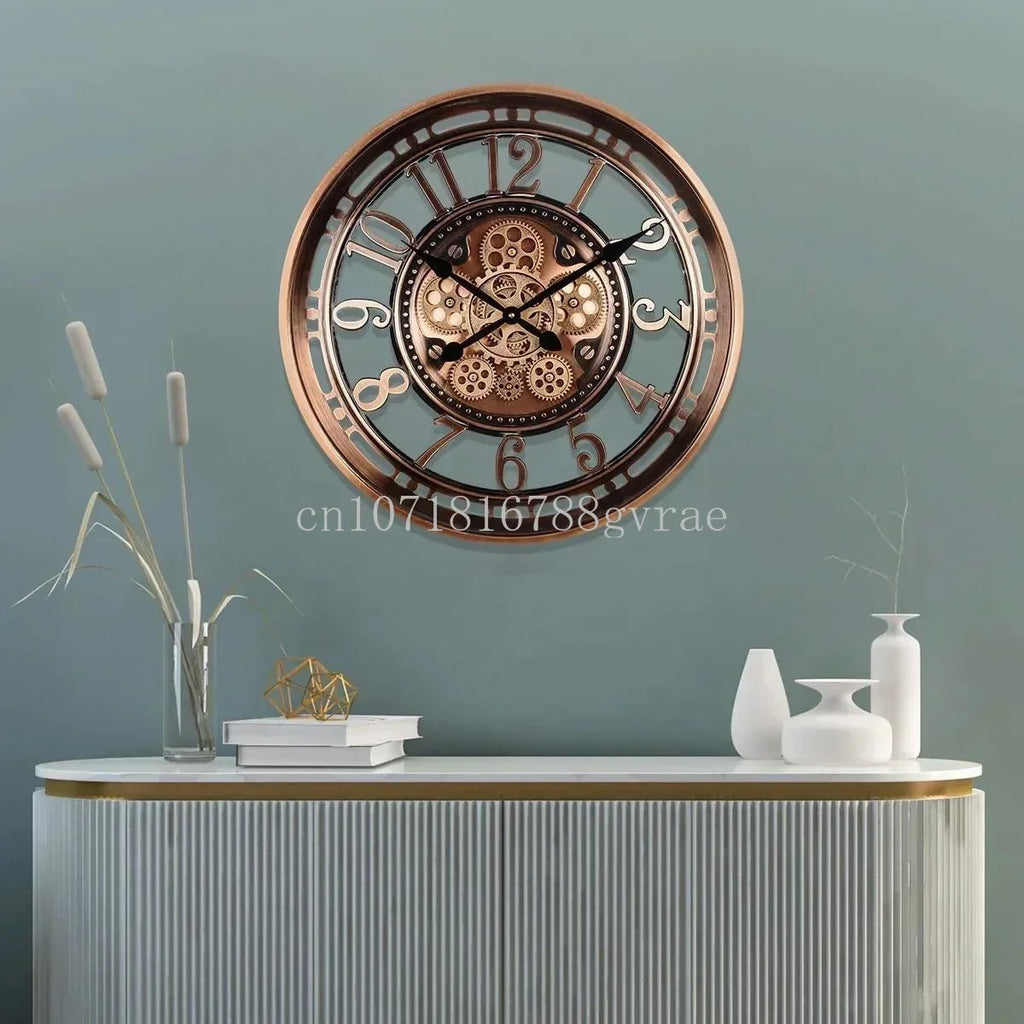 Industrial metal wall clock with decorative movable gears - view 4