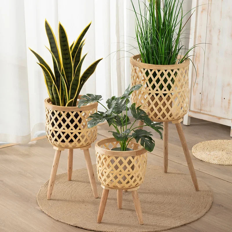 Nordic style rattan even flower pot, indoor balcony, living room, plants, green ivy, hand ever wooden high legged floor flower
