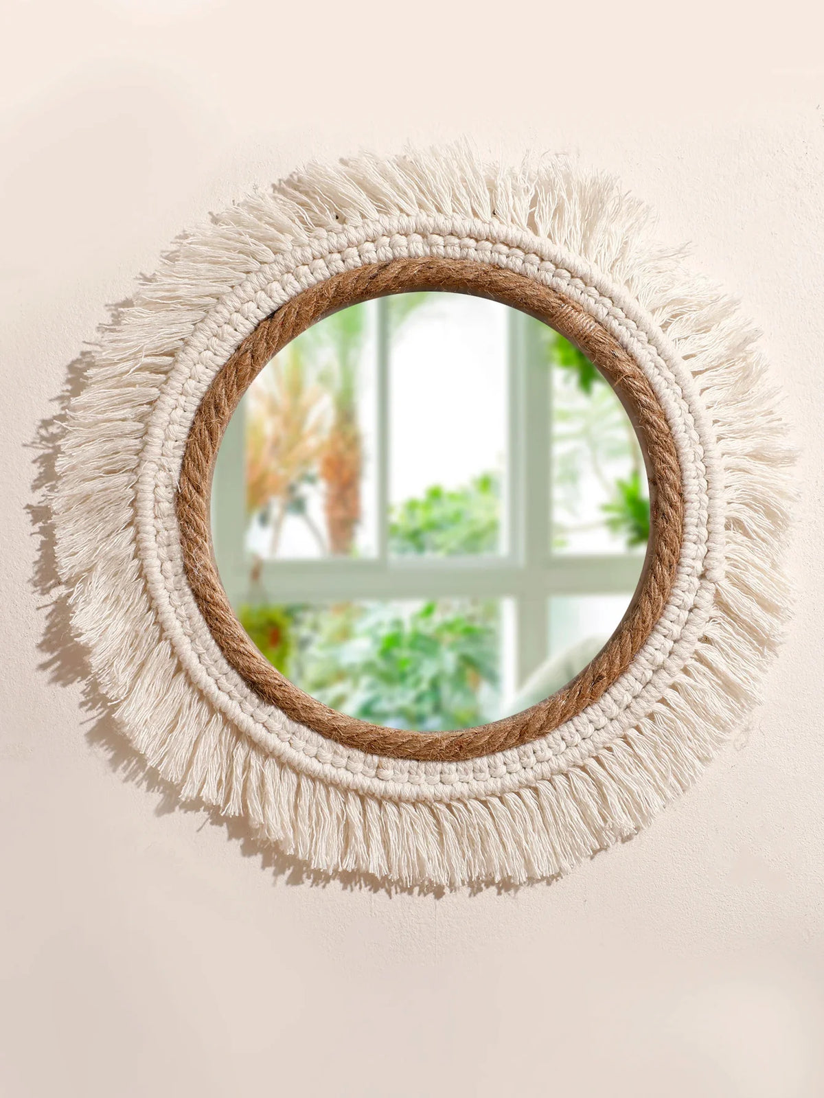 Hanging mirror in decorative macrame with woven pom-poms - view 5
