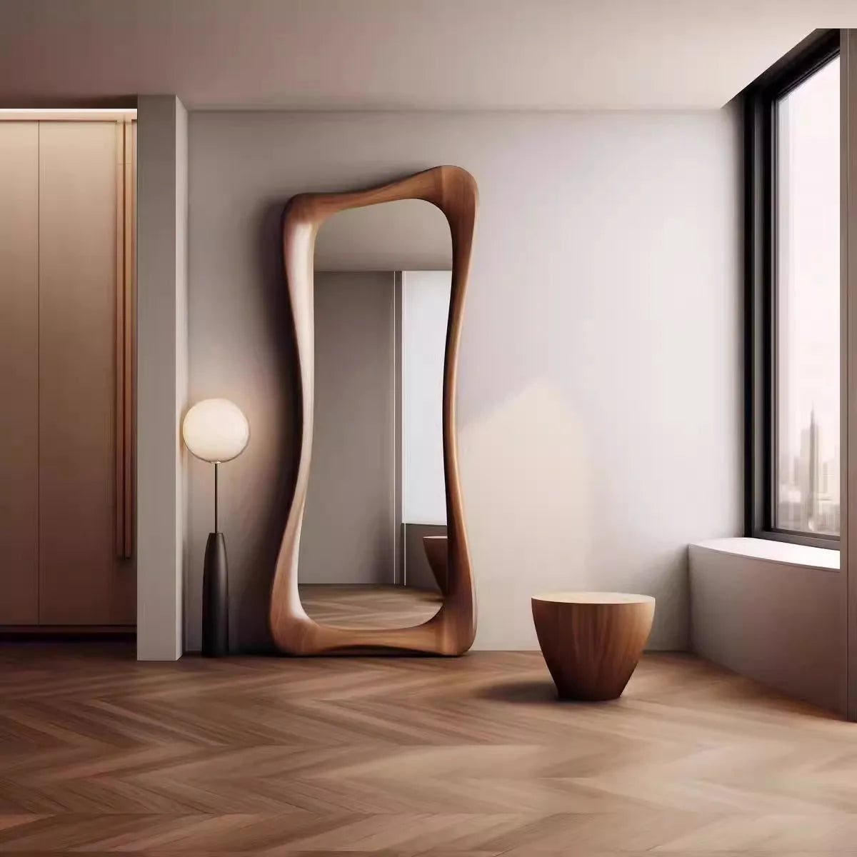 Decorative mirror of artistic luxury in light walnut wood - view 2