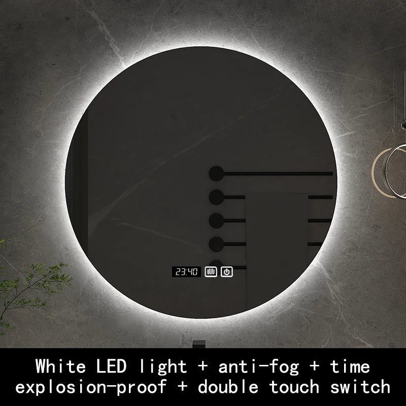 Smart Bluetooth Round Backlit Anti-Fog Mirror - White Time Display