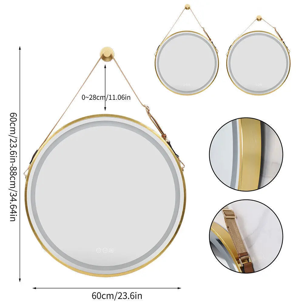 600mm Round LED Mirror Illuminated Lighted Wall Hanging Bathroom Mirror, Anti-fog, Golden/ Black Frame for Bathroom Entryway - Yellow