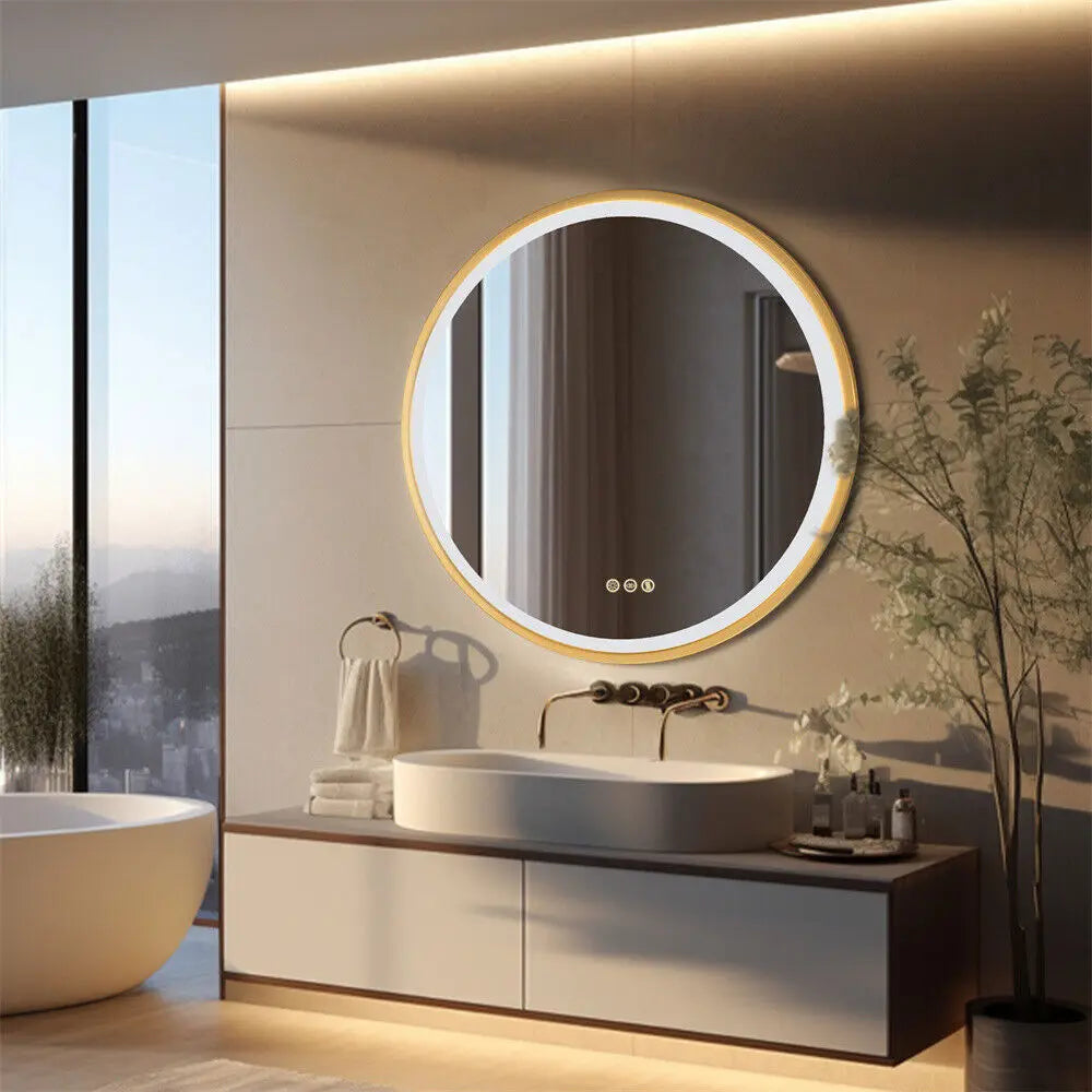 Round illuminated mirror with golden frame and memory function - view 2