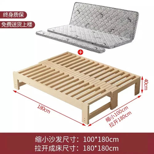 Customized: Fold-out sofa bed, dual-purpose all-solid wood, small apartment, telescopic bed, pull-out bed, push-pull bed, foldab - Length 180   width (