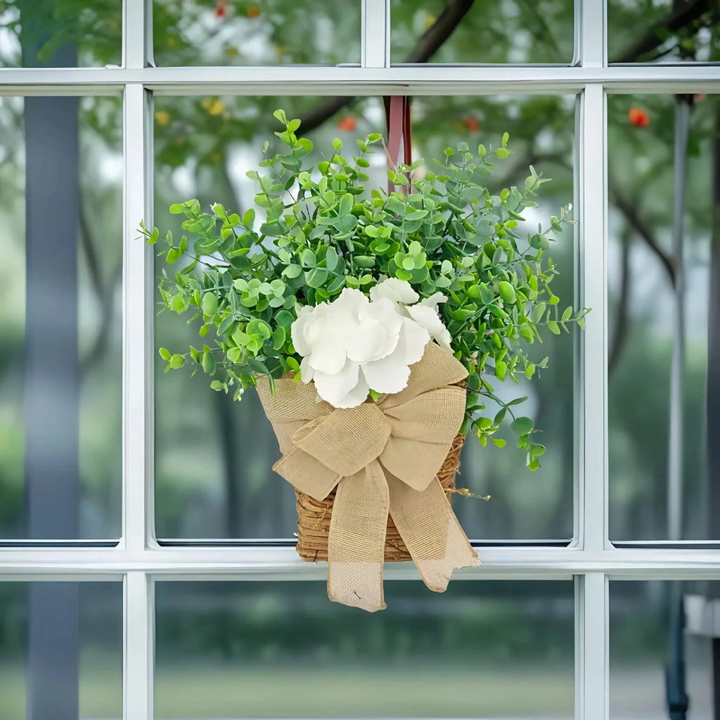 Spring crown in eucalyptus and decorative white flowers - view 2