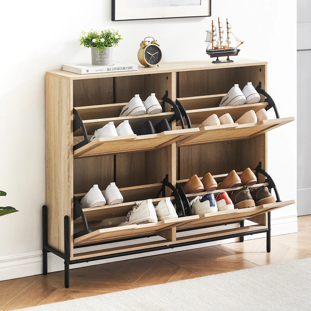 Natural rattan shoe cabinet with folding doors and adjustable shelves