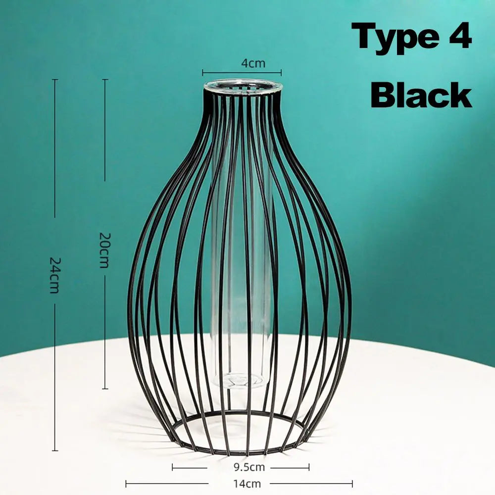 Retro iron vase with glass modern Nordic decoration - Black-Type 4
