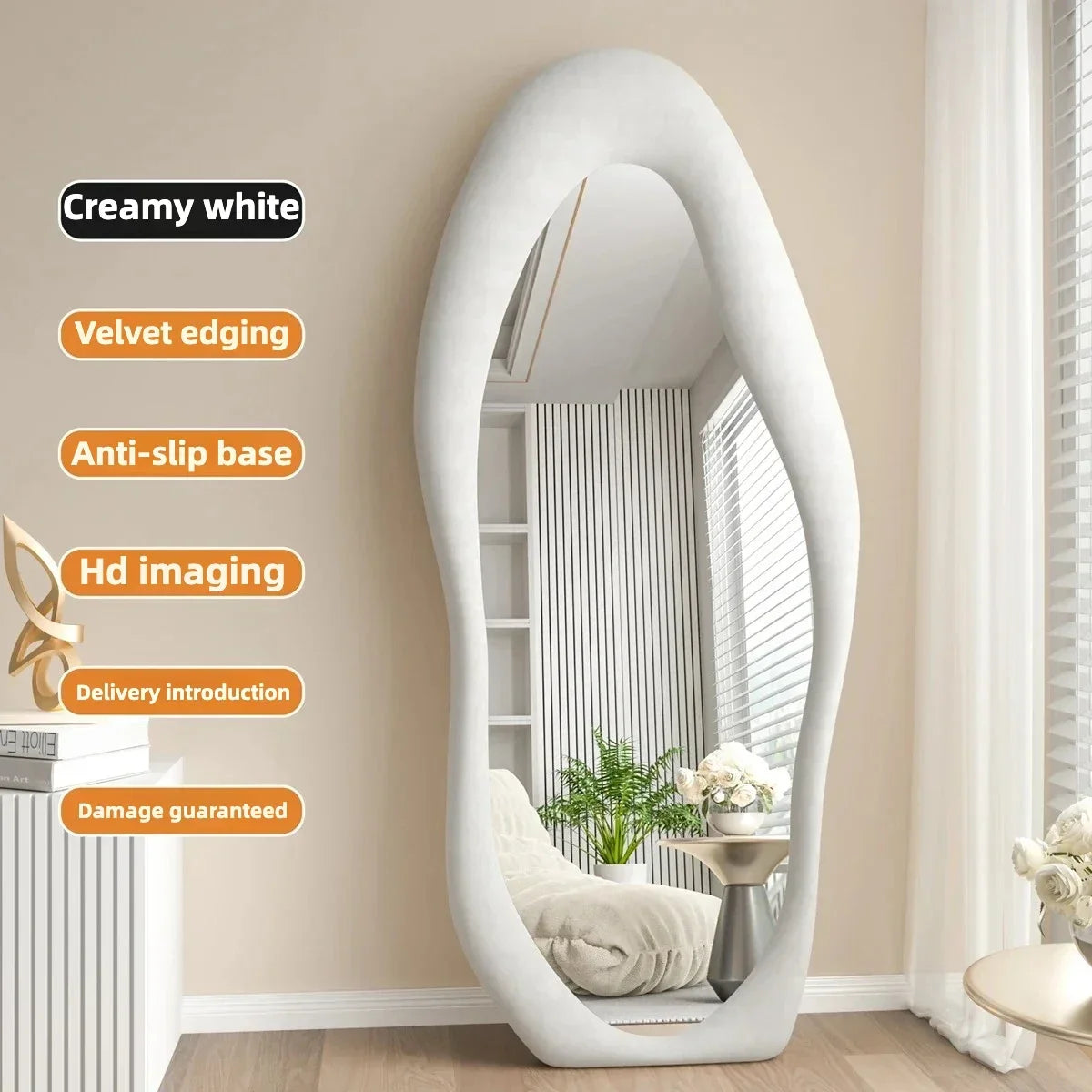 Corrugated mirror integral Nordic design for interior decoration - Creamy White / 177x75cm