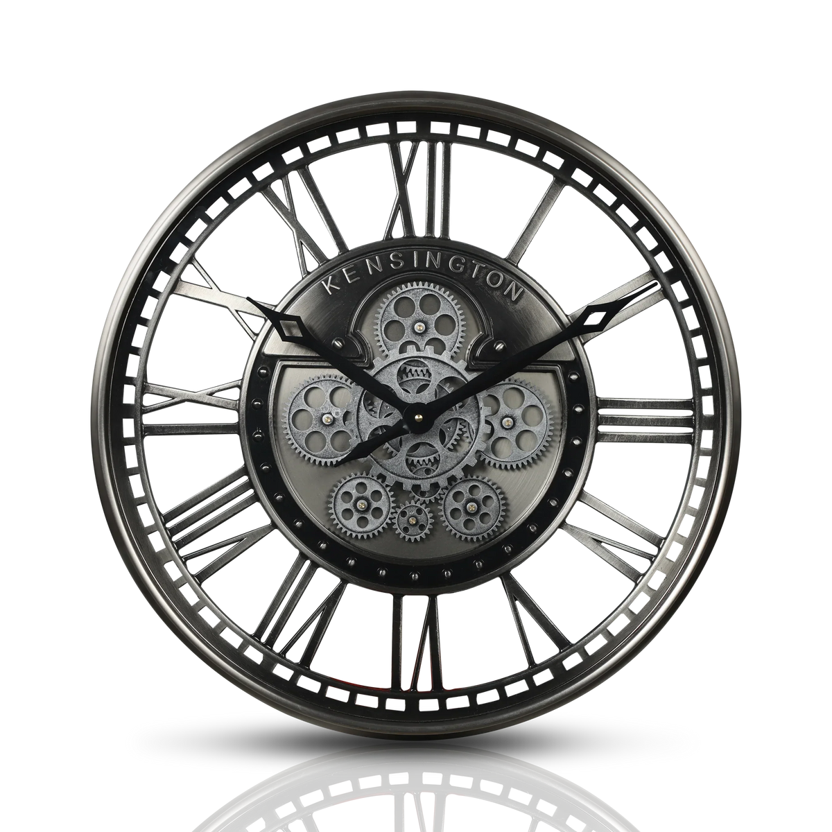 Industrial metal wall clock with decorative movable gears - GGunmetal-Romain