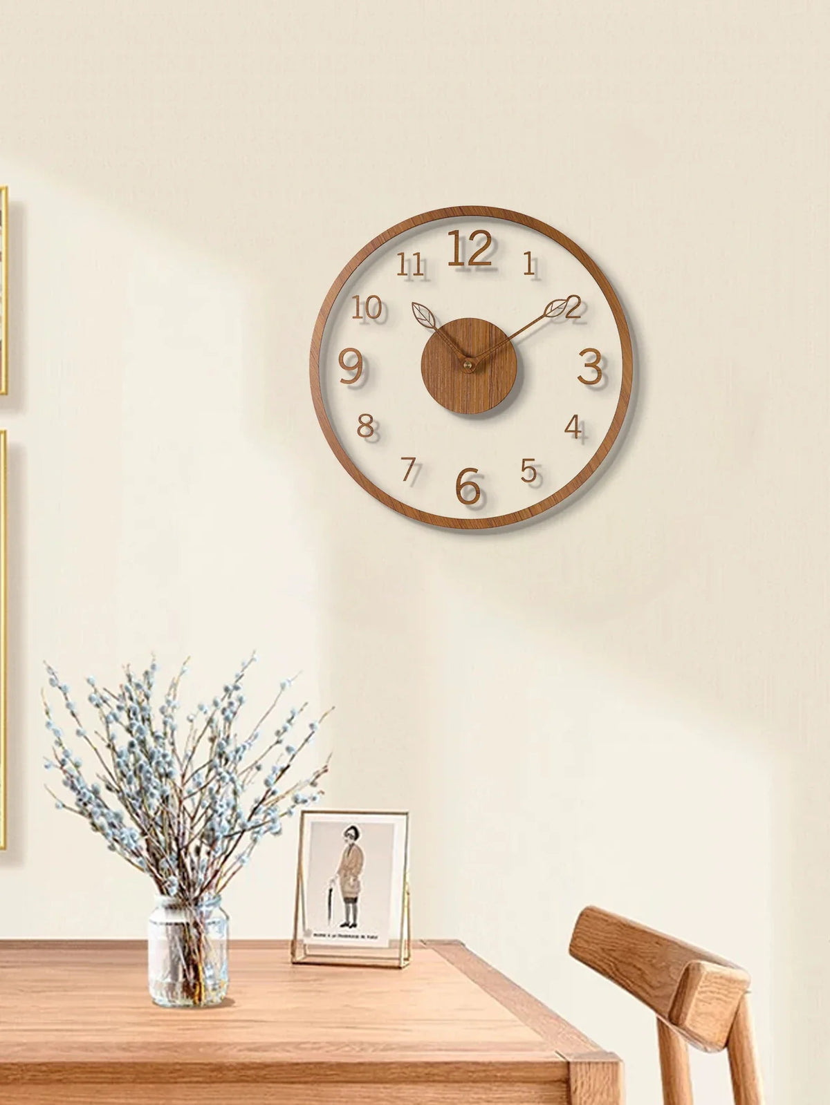 Transparent minimalist wall clock, tree leaf pointer, wood grain wall clock, silent living room, bedroom, office, and holiday de - view 2