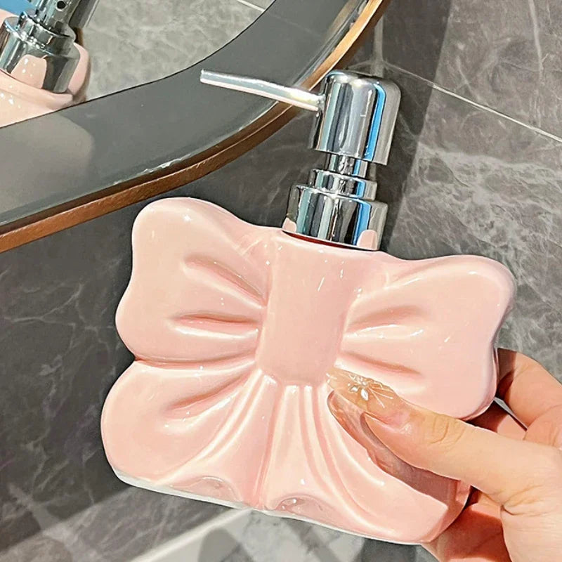 1pc, Ceramics Bowknot Lotion Press Bottle, Household Bathroom Shower Gel Bottle, Plastic Pump Head, Bathroom Liquid Dispenser - view 4