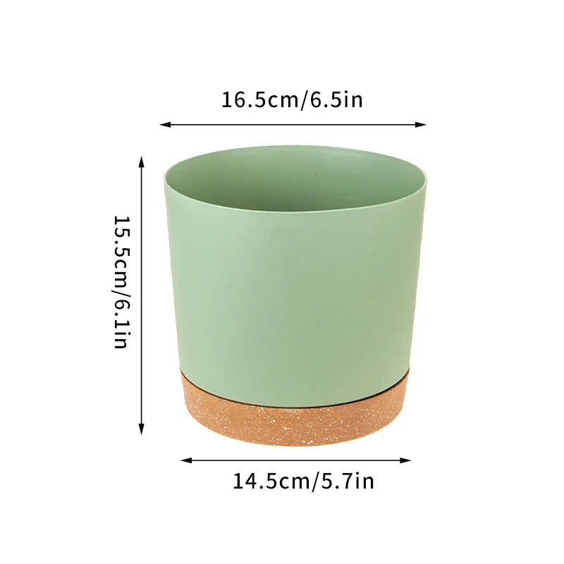 Large plastic circular pot for indoor plants with drainage and tray - Green-6.5 inches